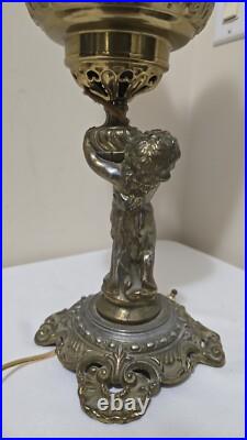 Antique BradleyHubbard Style Electrified, CherubCarriesKerosene Slag Glass Tulip