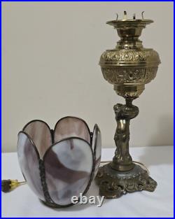 Antique BradleyHubbard Style Electrified, CherubCarriesKerosene Slag Glass Tulip