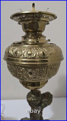 Antique BradleyHubbard Style Electrified, CherubCarriesKerosene Slag Glass Tulip