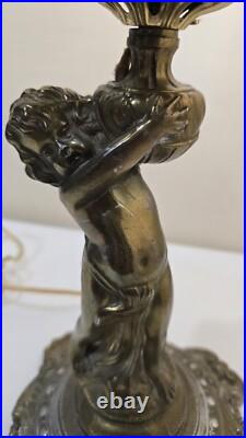 Antique BradleyHubbard Style Electrified, CherubCarriesKerosene Slag Glass Tulip