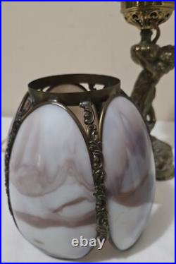 Antique BradleyHubbard Style Electrified, CherubCarriesKerosene Slag Glass Tulip