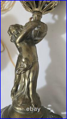 Antique BradleyHubbard Style Electrified, CherubCarriesKerosene Slag Glass Tulip