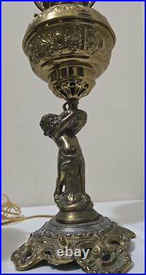 Antique BradleyHubbard Style Electrified, CherubCarriesKerosene Slag Glass Tulip