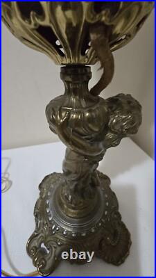 Antique BradleyHubbard Style Electrified, CherubCarriesKerosene Slag Glass Tulip