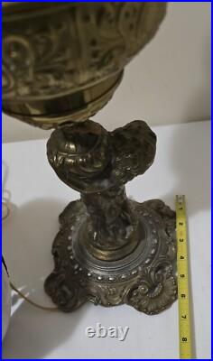 Antique BradleyHubbard Style Electrified, CherubCarriesKerosene Slag Glass Tulip