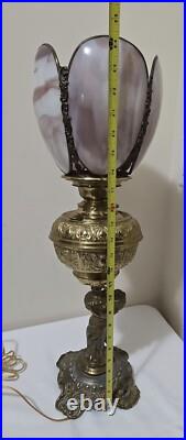 Antique BradleyHubbard Style Electrified, CherubCarriesKerosene Slag Glass Tulip