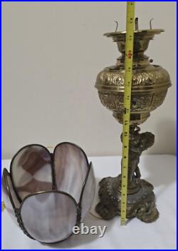 Antique BradleyHubbard Style Electrified, CherubCarriesKerosene Slag Glass Tulip