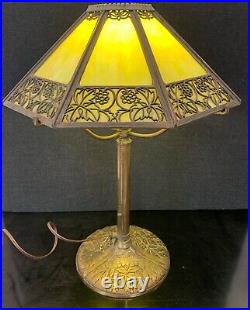 Antique Bradley And Hubbard 8 Panel Slag Glass Lamp Fully Marked Shade & Base