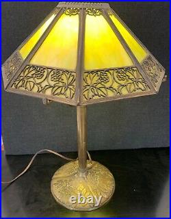 Antique Bradley And Hubbard 8 Panel Slag Glass Lamp Fully Marked Shade & Base
