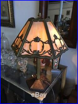 Antique Bradley And Hubbard Six Panel Slag Glass Table Lamp