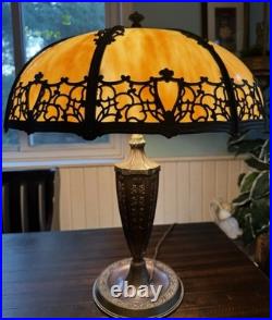 Antique Bradley And Hubbard Table Lamp With Large Slag Glass Shade