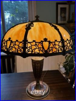 Antique Bradley And Hubbard Table Lamp With Large Slag Glass Shade