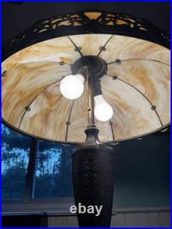 Antique Bradley And Hubbard Table Lamp With Large Slag Glass Shade