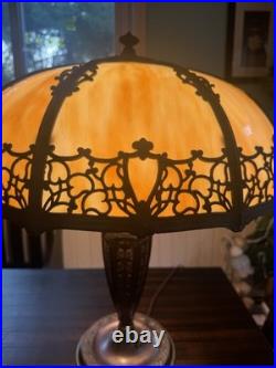 Antique Bradley And Hubbard Table Lamp With Large Slag Glass Shade