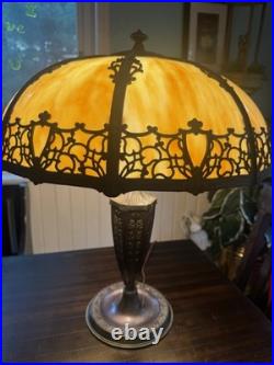 Antique Bradley And Hubbard Table Lamp With Large Slag Glass Shade