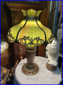 Antique Bradley Charles Parker Table Lamp with Bent Slag Green Glass Panel Shade