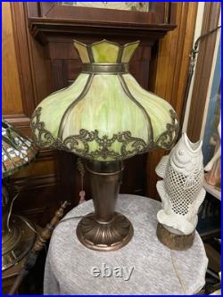 Antique Bradley Charles Parker Table Lamp with Bent Slag Green Glass Panel Shade