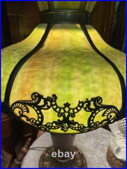 Antique Bradley Charles Parker Table Lamp with Bent Slag Green Glass Panel Shade