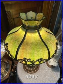 Antique Bradley Charles Parker Table Lamp with Bent Slag Green Glass Panel Shade