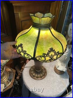 Antique Bradley Charles Parker Table Lamp with Bent Slag Green Glass Panel Shade