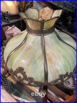 Antique Bradley Charles Parker Table Lamp with Bent Slag Green Glass Panel Shade