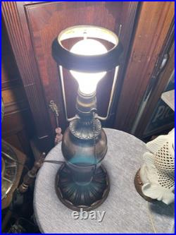 Antique Bradley Charles Parker Table Lamp with Bent Slag Green Glass Panel Shade