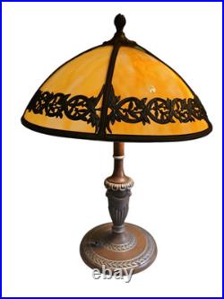 Antique Bradley & Hubbard 263B 5 Panel Slag Glass Lamp Leaf Pattern Copper Tone