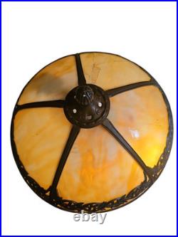 Antique Bradley & Hubbard 263B 5 Panel Slag Glass Lamp Leaf Pattern Copper Tone