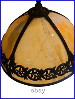 Antique Bradley & Hubbard 263B 5 Panel Slag Glass Lamp Leaf Pattern Copper Tone