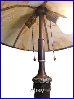 Antique Bradley & Hubbard 263B 5 Panel Slag Glass Lamp Leaf Pattern Copper Tone