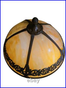 Antique Bradley & Hubbard 263B 5 Panel Slag Glass Lamp Leaf Pattern Copper Tone