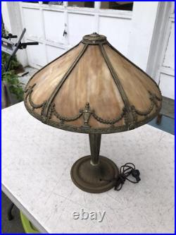 Antique Bradley & Hubbard 2 Socket Table Lamp with Bent Slag Glass Panel Shade Antique Bradley & Hubbard 2 Socket Table Lamp with Bent Slag Glass Panel Shade