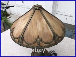 Antique Bradley & Hubbard 2 Socket Table Lamp with Bent Slag Glass Panel Shade