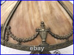 Antique Bradley & Hubbard 2 Socket Table Lamp with Bent Slag Glass Panel Shade