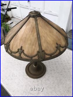 Antique Bradley & Hubbard 2 Socket Table Lamp with Bent Slag Glass Panel Shade