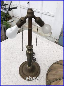 Antique Bradley & Hubbard 2 Socket Table Lamp with Bent Slag Glass Panel Shade Antique Bradley & Hubbard 2 Socket Table Lamp with Bent Slag Glass Panel Shade