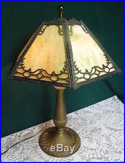 Antique Bradley Hubbard 6 Panel Green Slag Glass Table Lamp Handel Era