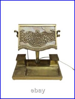 Antique Bradley Hubbard Art Nouveau Desk Lamp Slag Glass w Brass Desk Station