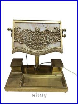 Antique Bradley Hubbard Art Nouveau Desk Lamp Slag Glass w Brass Desk Station