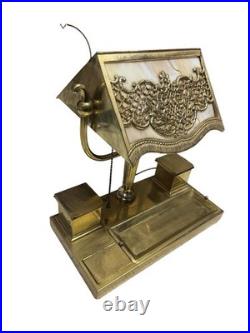 Antique Bradley Hubbard Art Nouveau Desk Lamp Slag Glass w Brass Desk Station