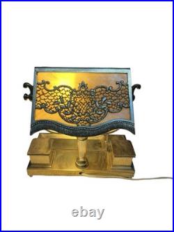 Antique Bradley Hubbard Art Nouveau Desk Lamp Slag Glass w Brass Desk Station