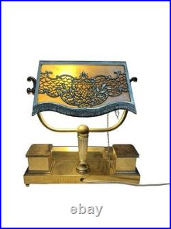 Antique Bradley Hubbard Art Nouveau Desk Lamp Slag Glass w Brass Desk Station