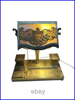 Antique Bradley Hubbard Art Nouveau Desk Lamp Slag Glass w Brass Desk Station