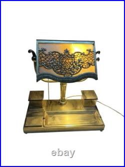 Antique Bradley Hubbard Art Nouveau Desk Lamp Slag Glass w Brass Desk Station