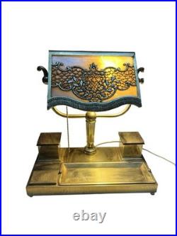 Antique Bradley Hubbard Art Nouveau Desk Lamp Slag Glass w Brass Desk Station