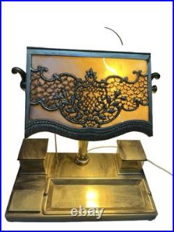 Antique Bradley Hubbard Art Nouveau Desk Lamp Slag Glass w Brass Desk Station