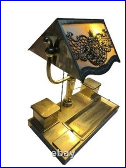 Antique Bradley Hubbard Art Nouveau Desk Lamp Slag Glass w Brass Desk Station