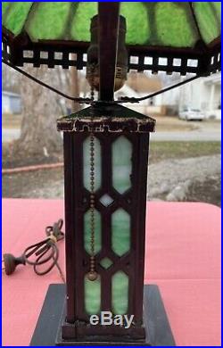 Antique Bradley & Hubbard Arts And Crafts Mission Slag Glass Lamp Cast Iron NICE