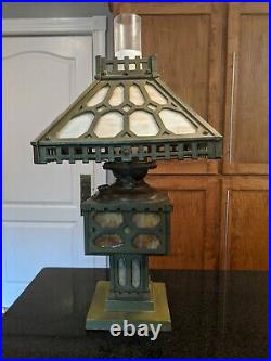 Antique Bradley & Hubbard Arts Crafts Mission Cast Iron Lamp Original Slag Glass