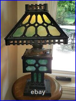 Antique Bradley & Hubbard Arts Crafts Mission Cast Iron Lamp Original Slag Glass